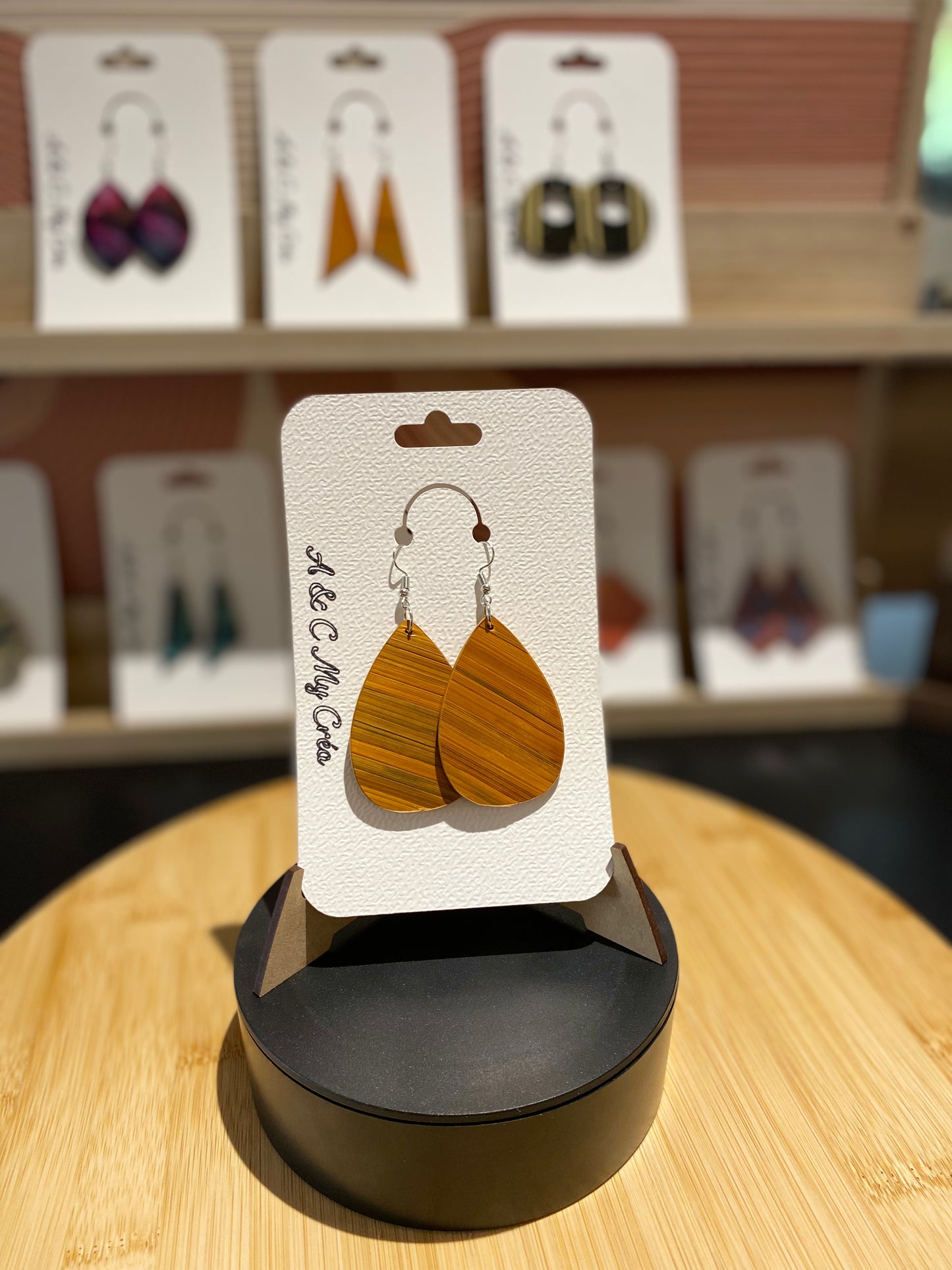 Orange Rye Straw Marquetry Drop Earrings