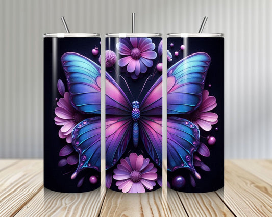 Gourde Tumbler isotherme - Papillon Bleu Violet avec fleurs