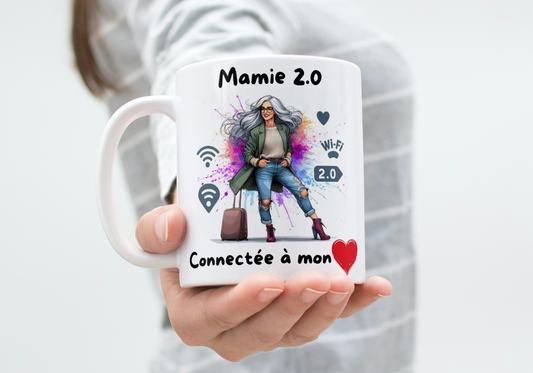 Mug "Mamie 2.0, connectée à mon cœur 💖"