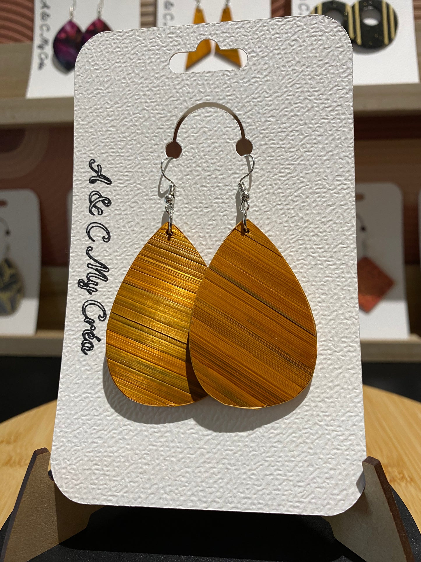 Orange Rye Straw Marquetry Drop Earrings
