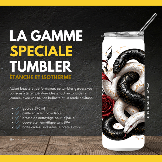 Tumbler Gothique Serpents Noir & Blanc – Fleurs Rouges Élégantes (A&C My Créa)