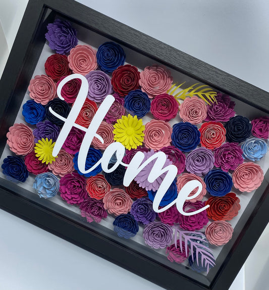 Cadre vitrine 3D HOME en fleurs de papier multicolor