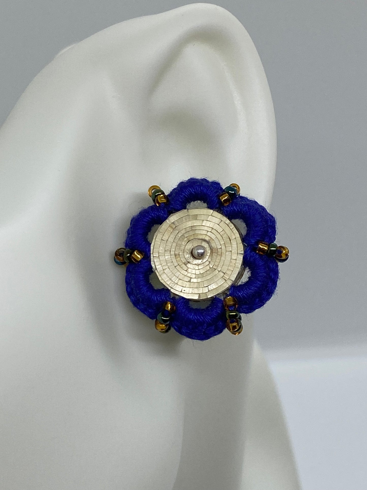 Colombian straw marquetry button earrings and purple and natural hook with silver stud