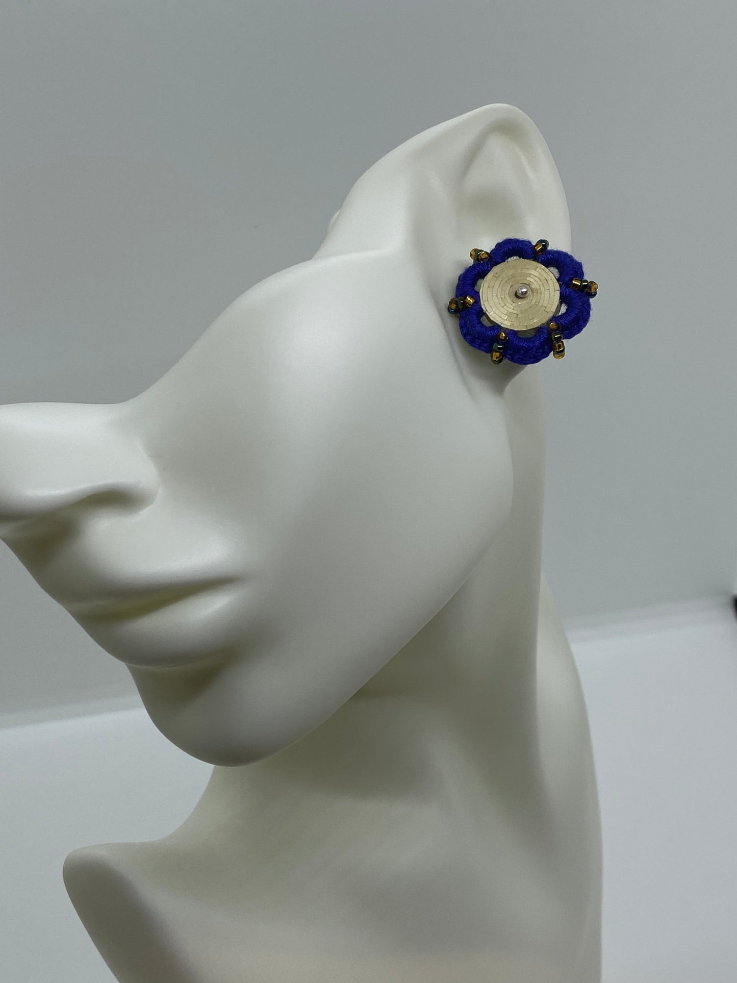 Colombian straw marquetry button earrings and purple and natural hook with silver stud
