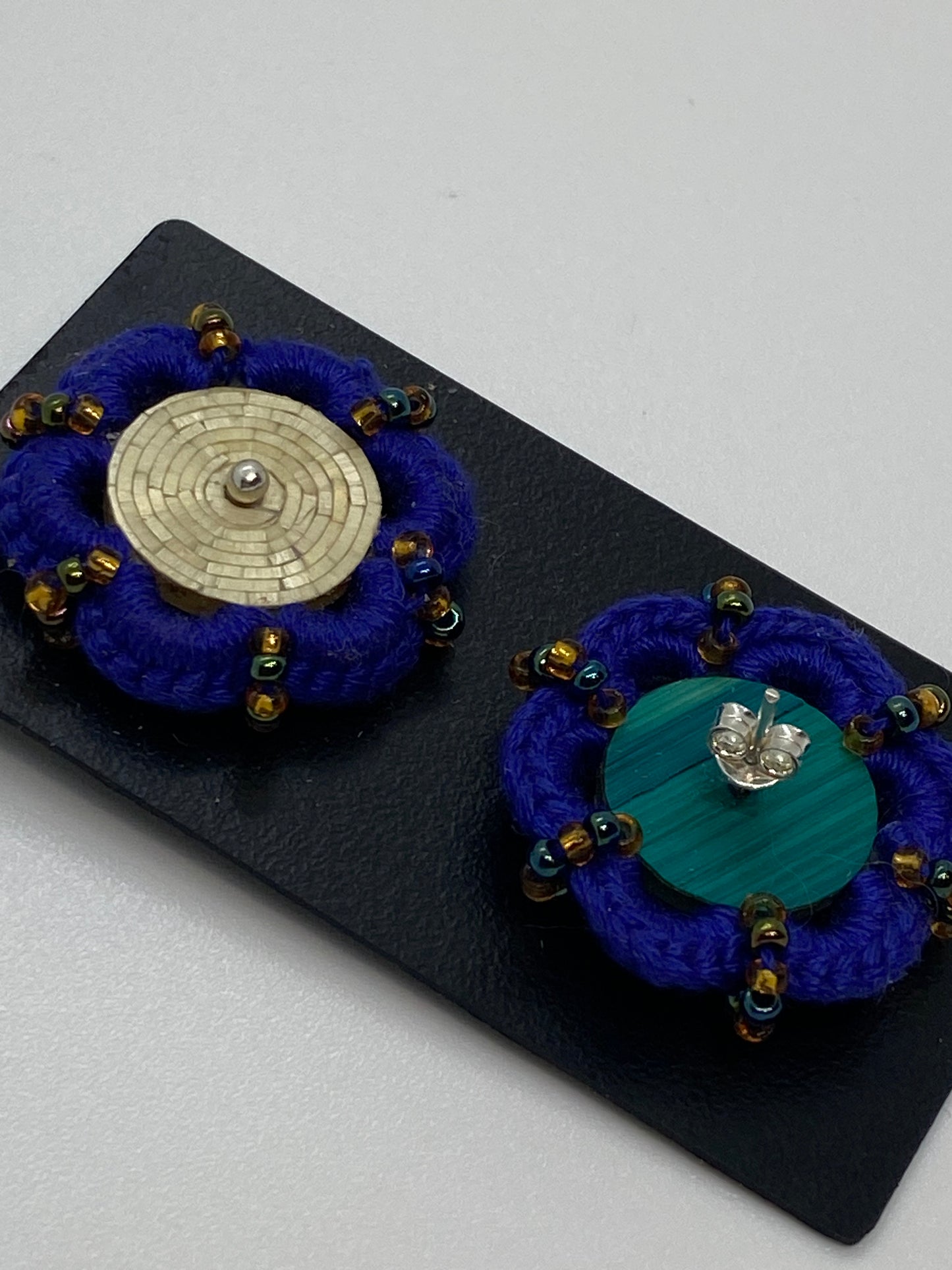 Colombian straw marquetry button earrings and purple and natural hook with silver stud