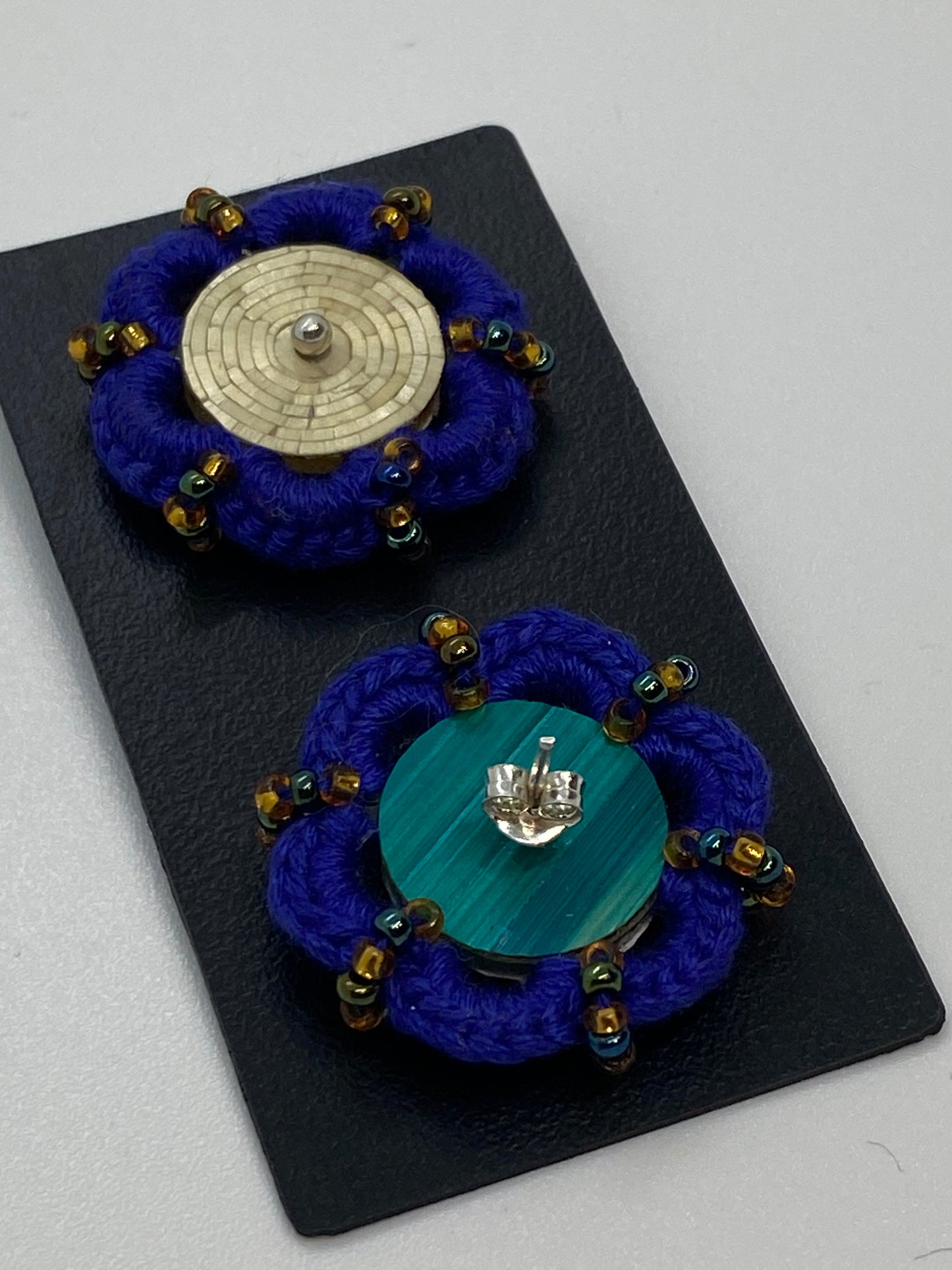 Colombian straw marquetry button earrings and purple and natural hook with silver stud