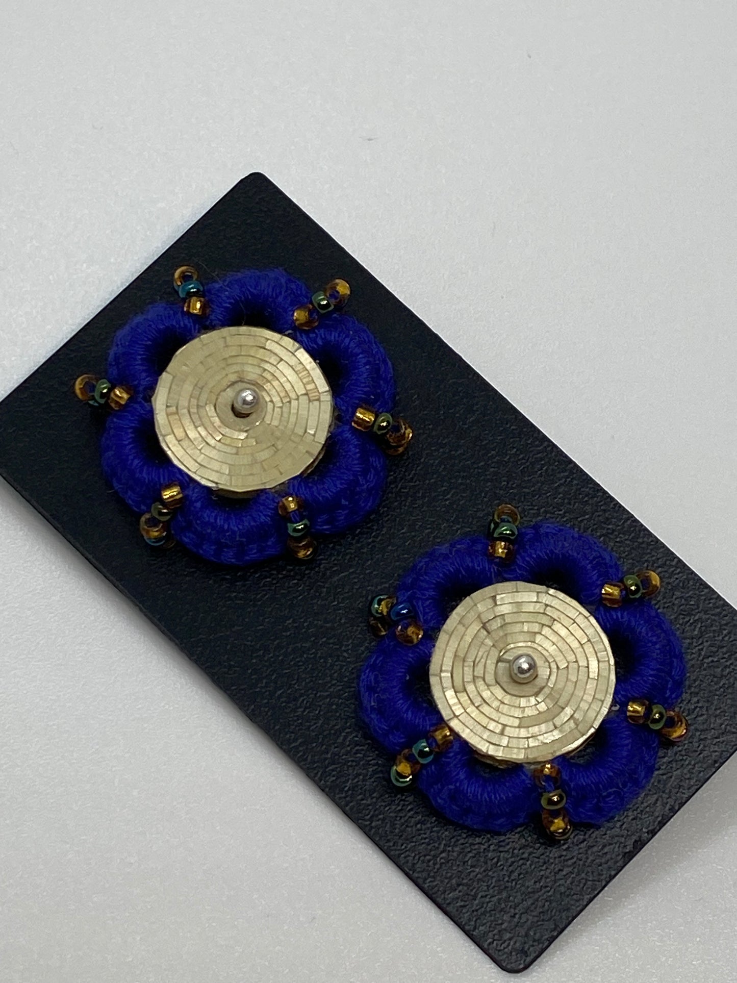 Colombian straw marquetry button earrings and purple and natural hook with silver stud