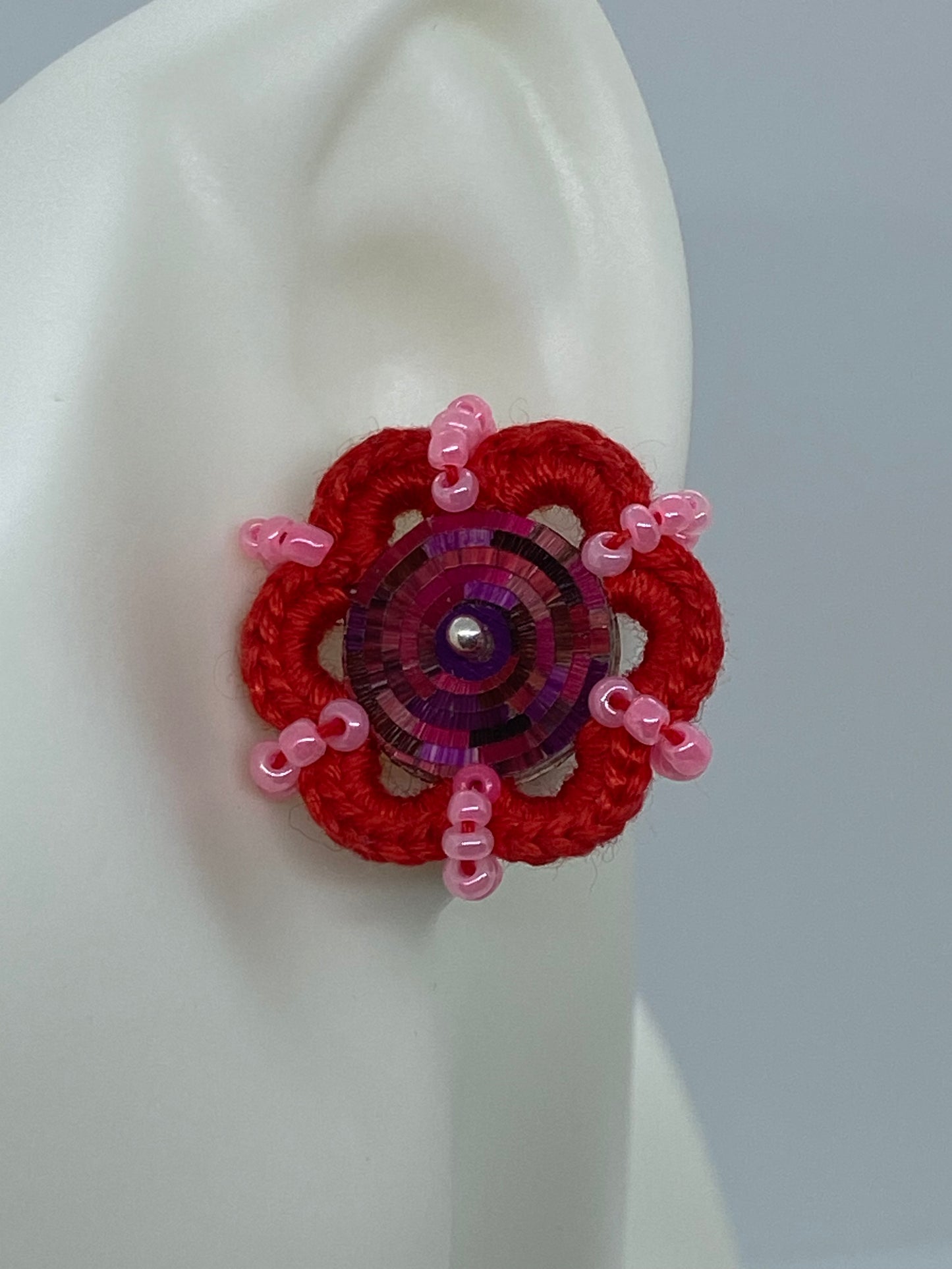 Colombian straw marquetry button earrings and Red hook with Silver stud