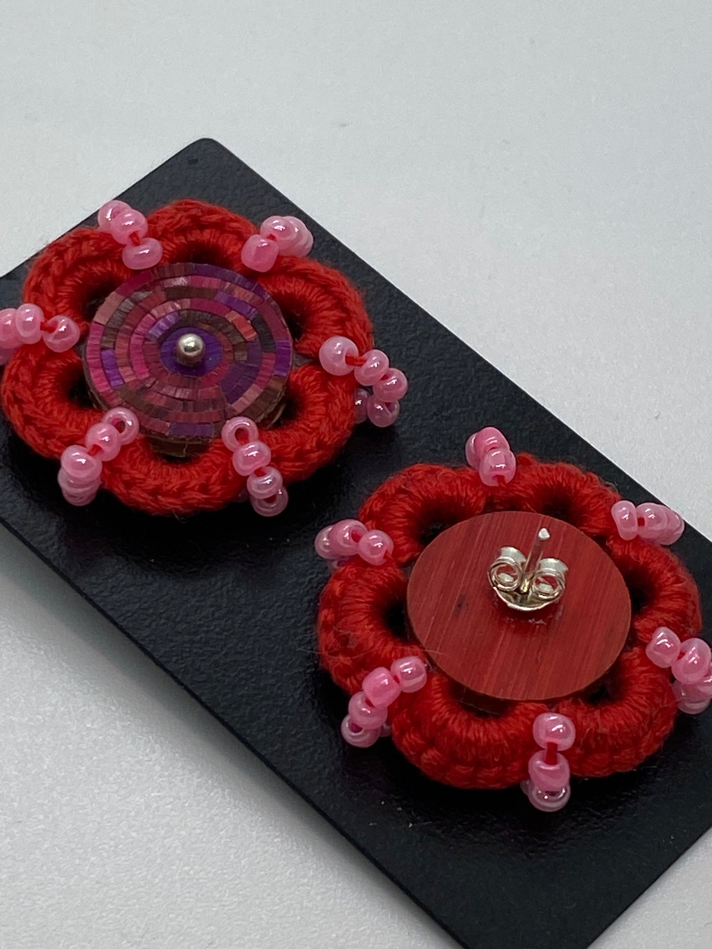 Colombian straw marquetry button earrings and Red hook with Silver stud