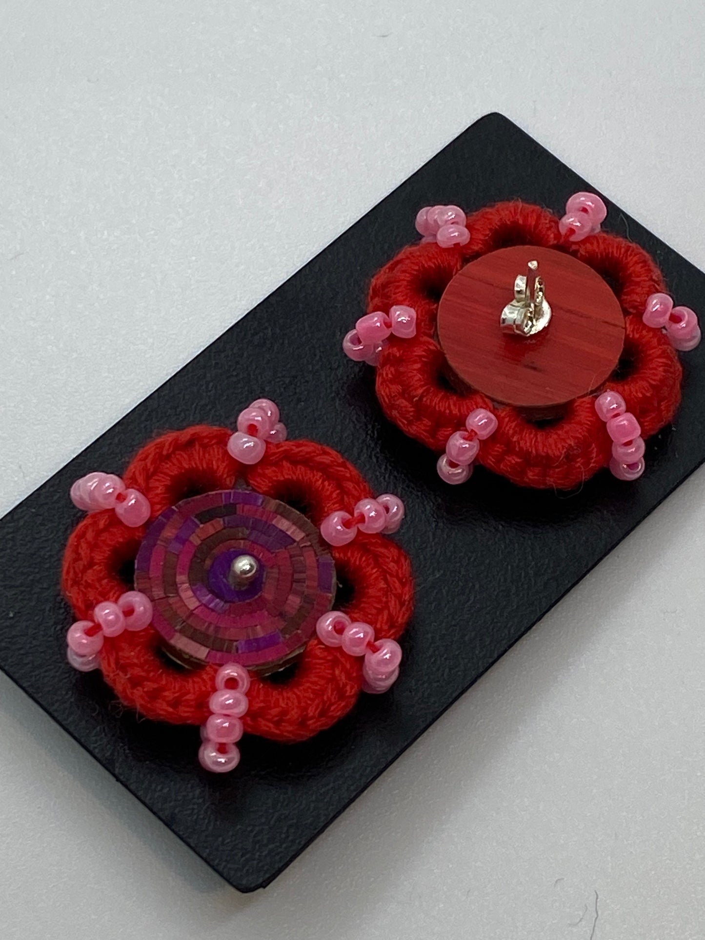 Colombian straw marquetry button earrings and Red hook with Silver stud
