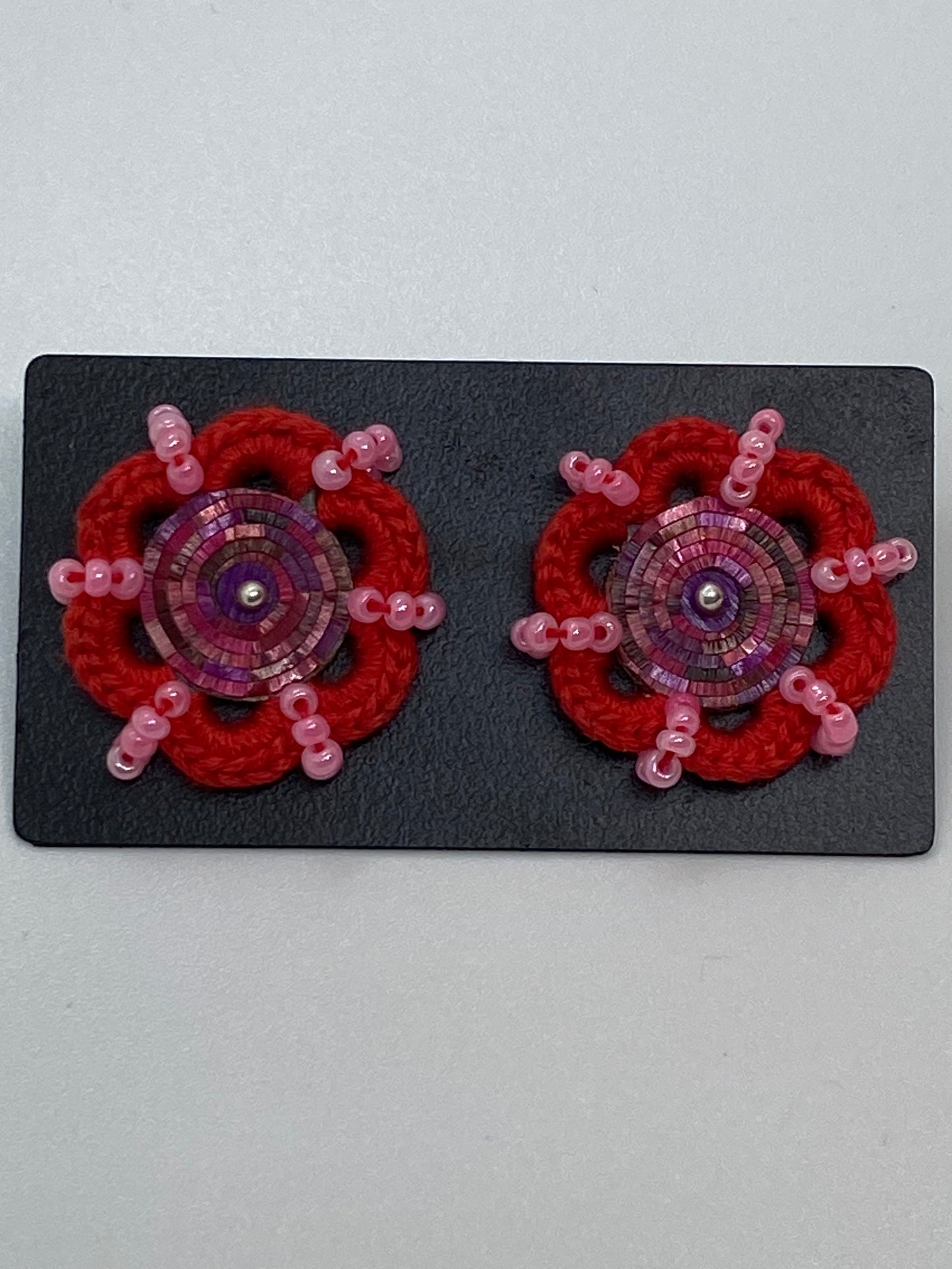 Colombian straw marquetry button earrings and Red hook with Silver stud