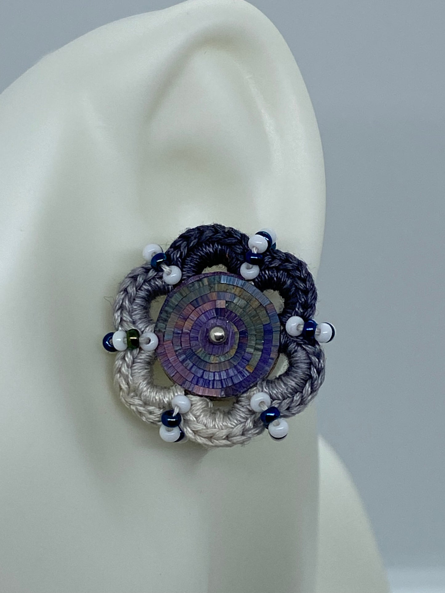 Colombian straw marquetry button earrings and blue-gray hook with silver stud