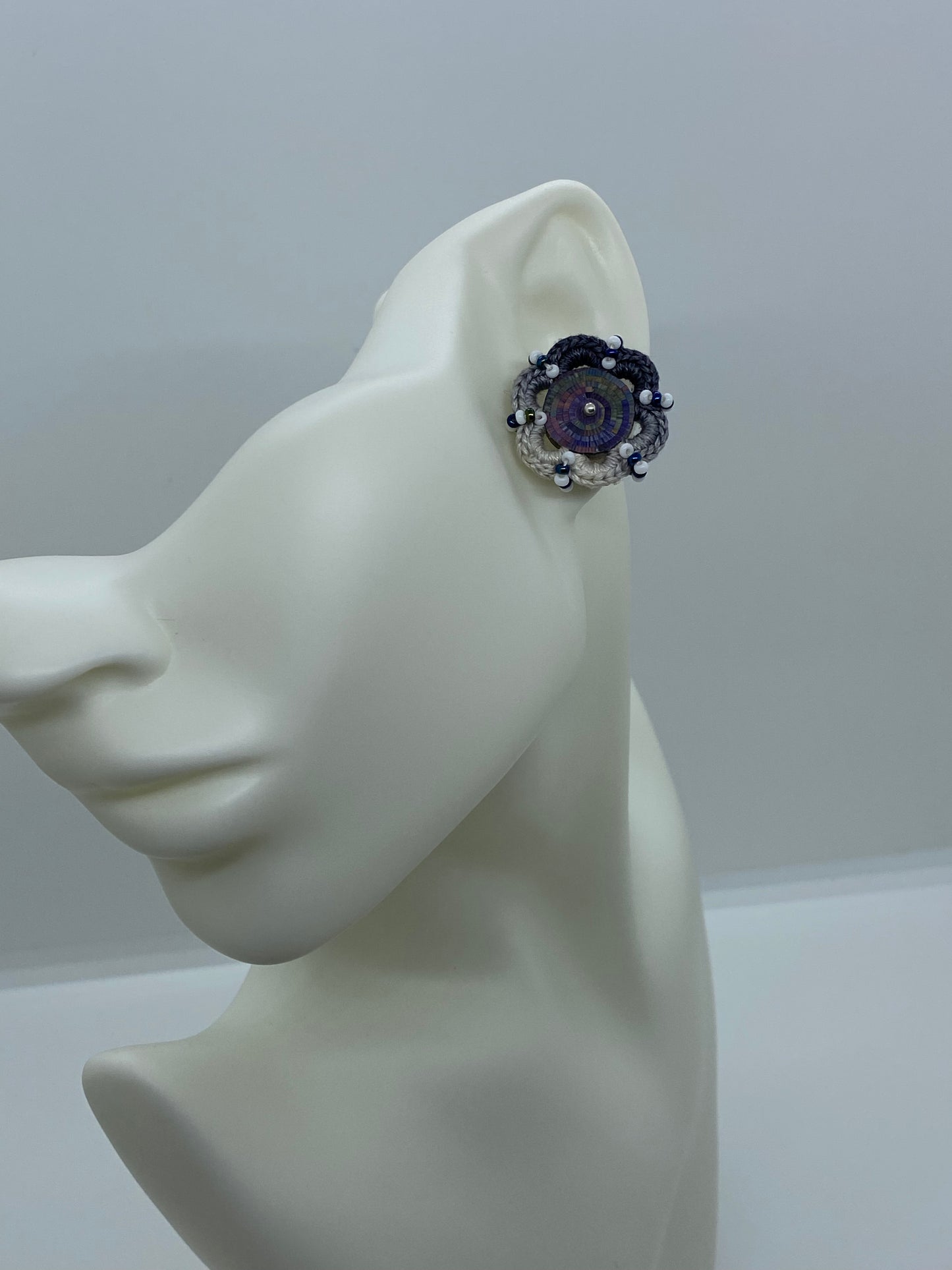 Colombian straw marquetry button earrings and blue-gray hook with silver stud