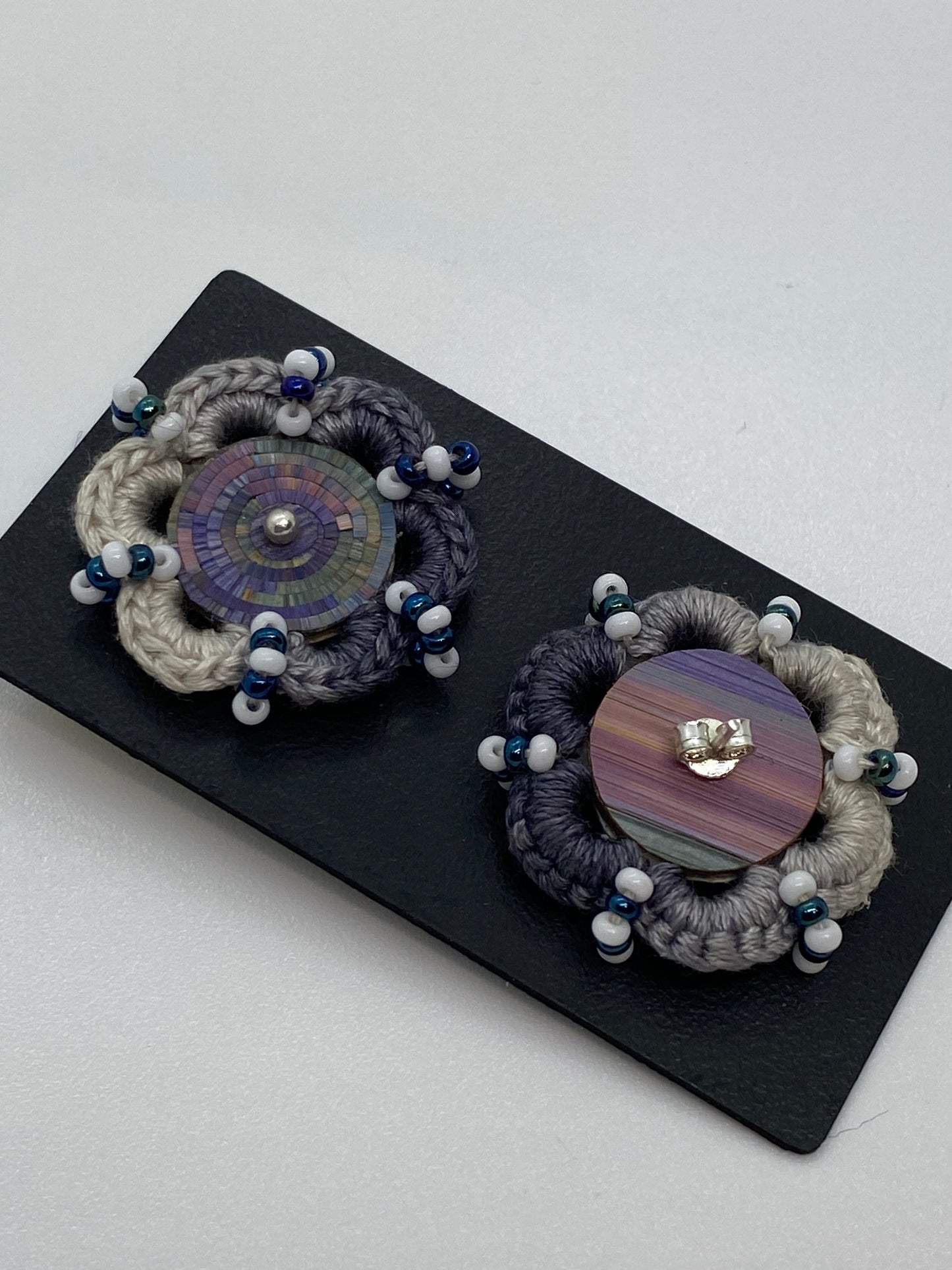 Colombian straw marquetry button earrings and blue-gray hook with silver stud