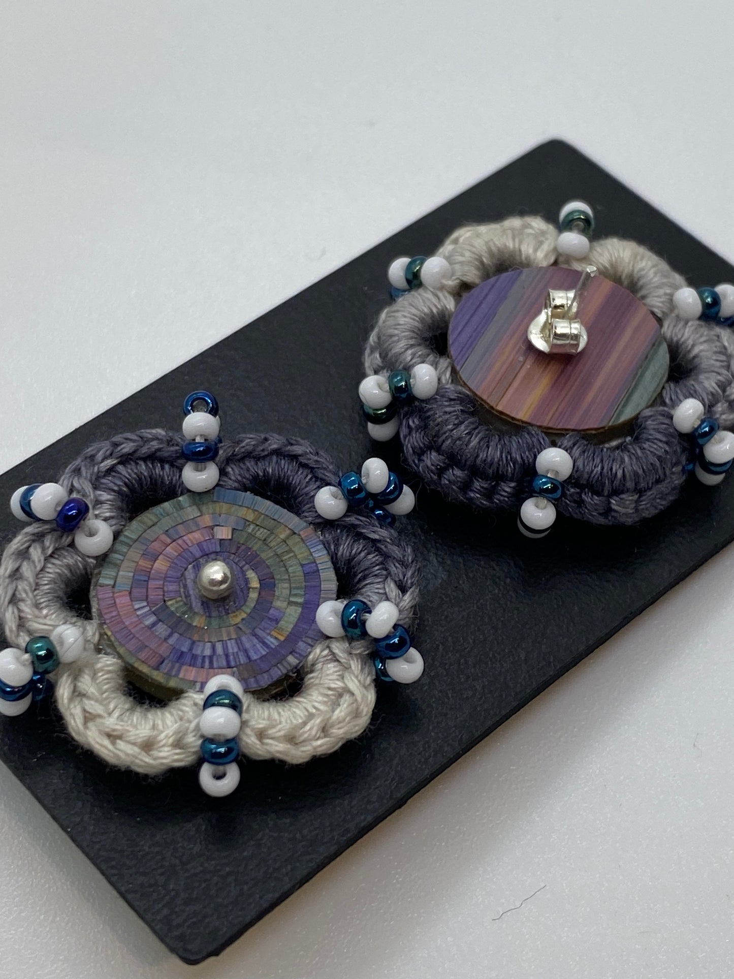 Colombian straw marquetry button earrings and blue-gray hook with silver stud