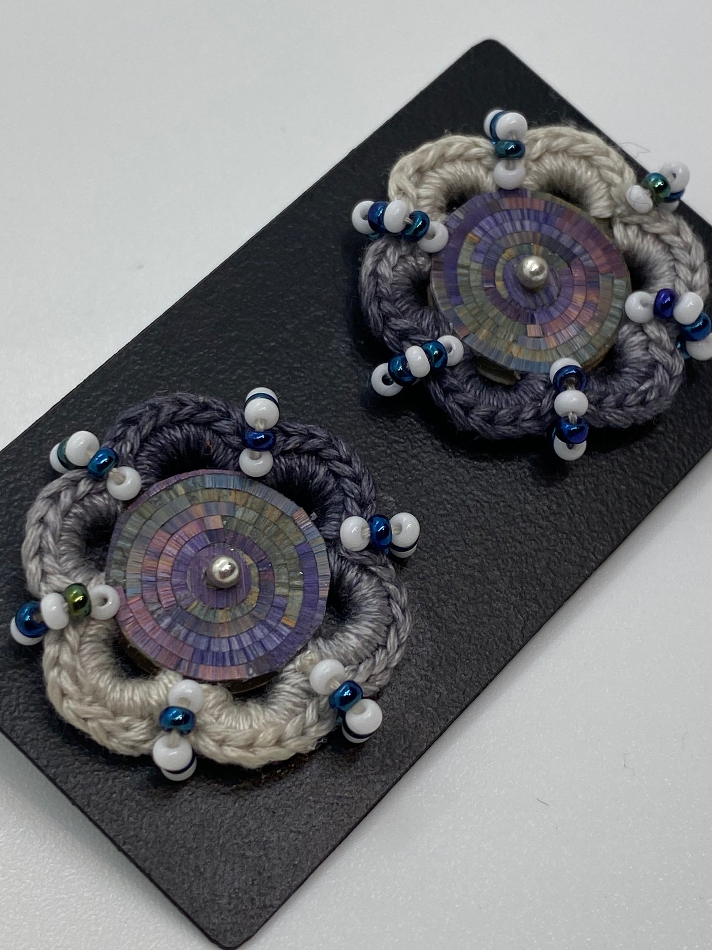Colombian straw marquetry button earrings and blue-gray hook with silver stud