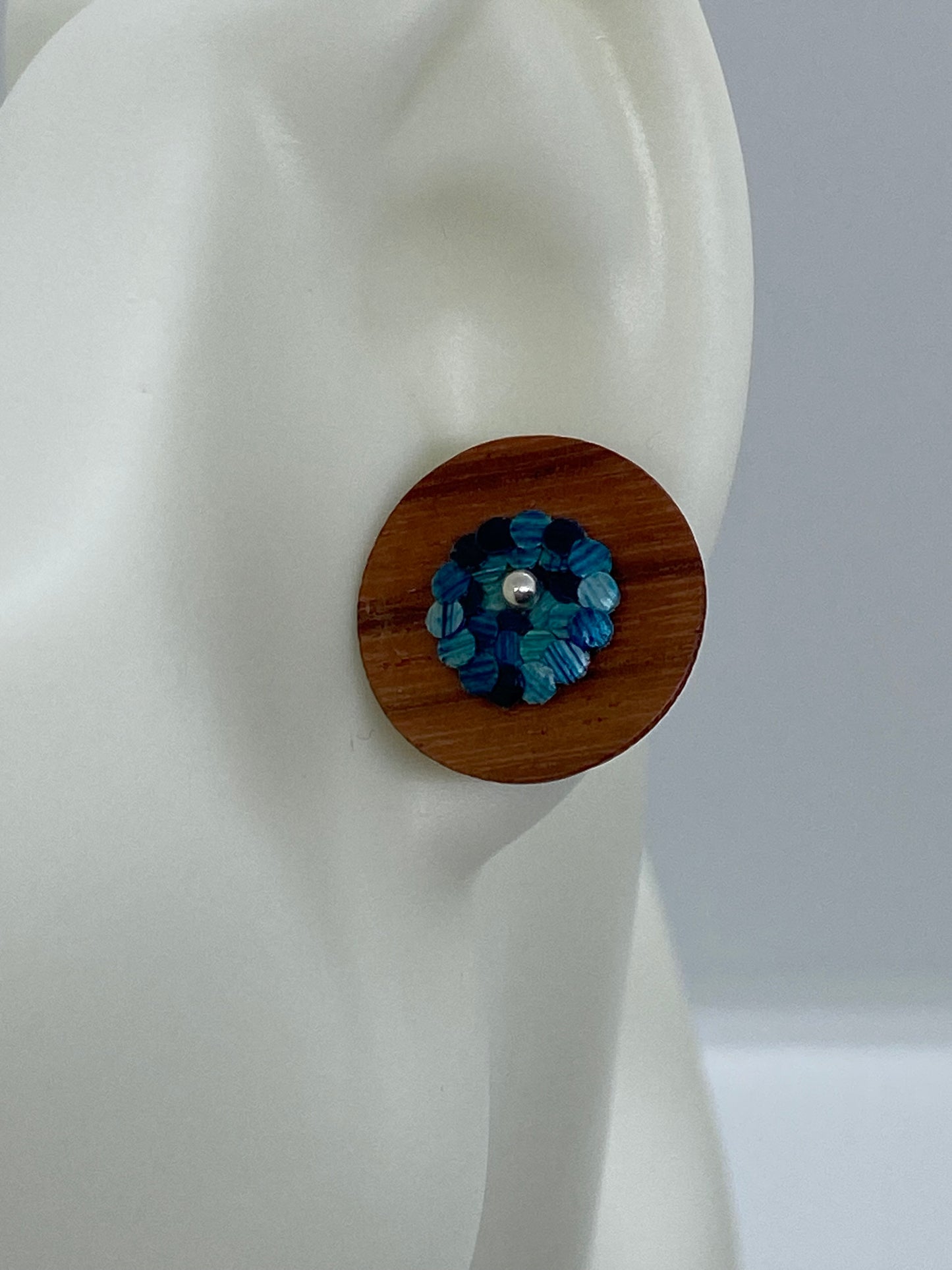 Colombian straw marquetry flower and Granadillo wood blue colored button earrings with silver stud