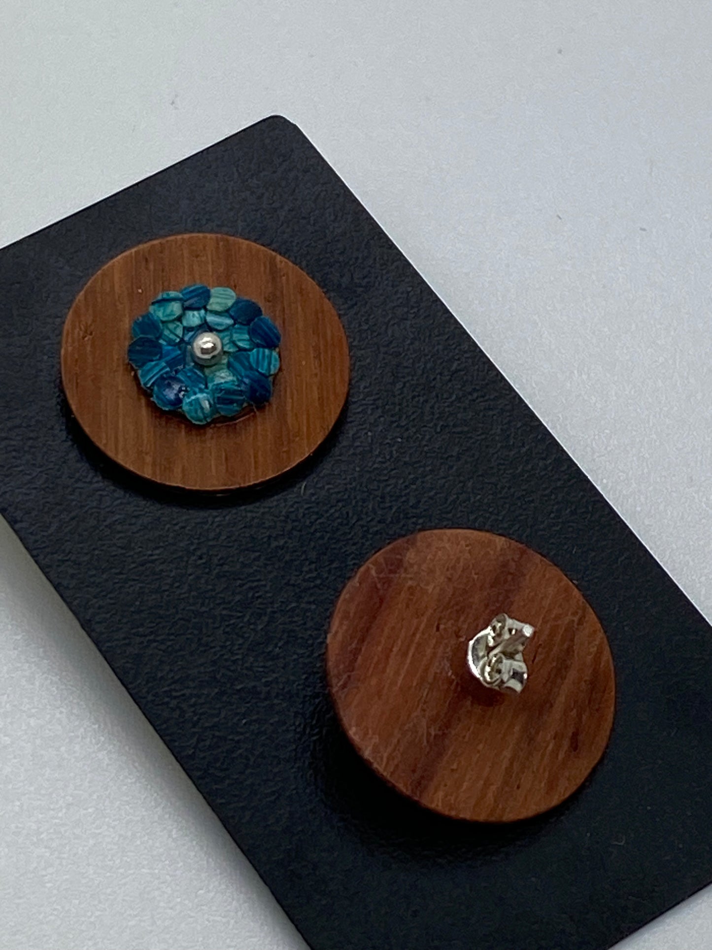 Colombian straw marquetry flower and Granadillo wood blue colored button earrings with silver stud
