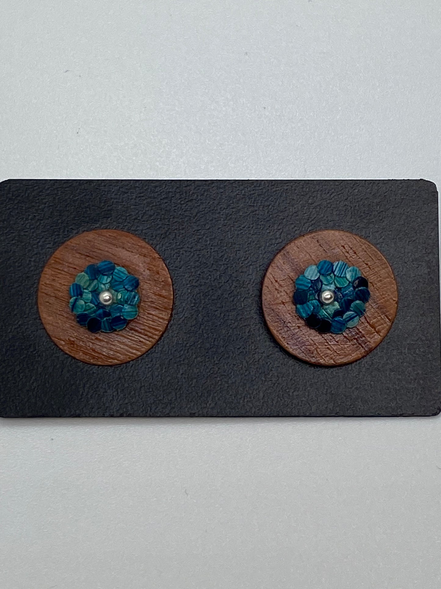 Colombian straw marquetry flower and Granadillo wood blue colored button earrings with silver stud