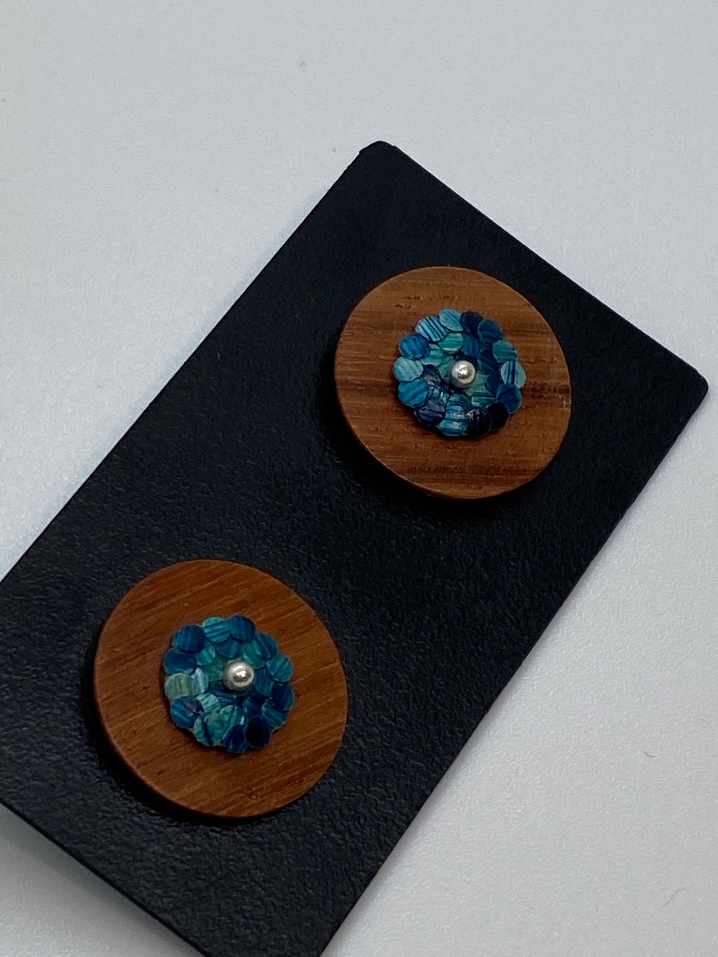 Colombian straw marquetry flower and Granadillo wood blue colored button earrings with silver stud