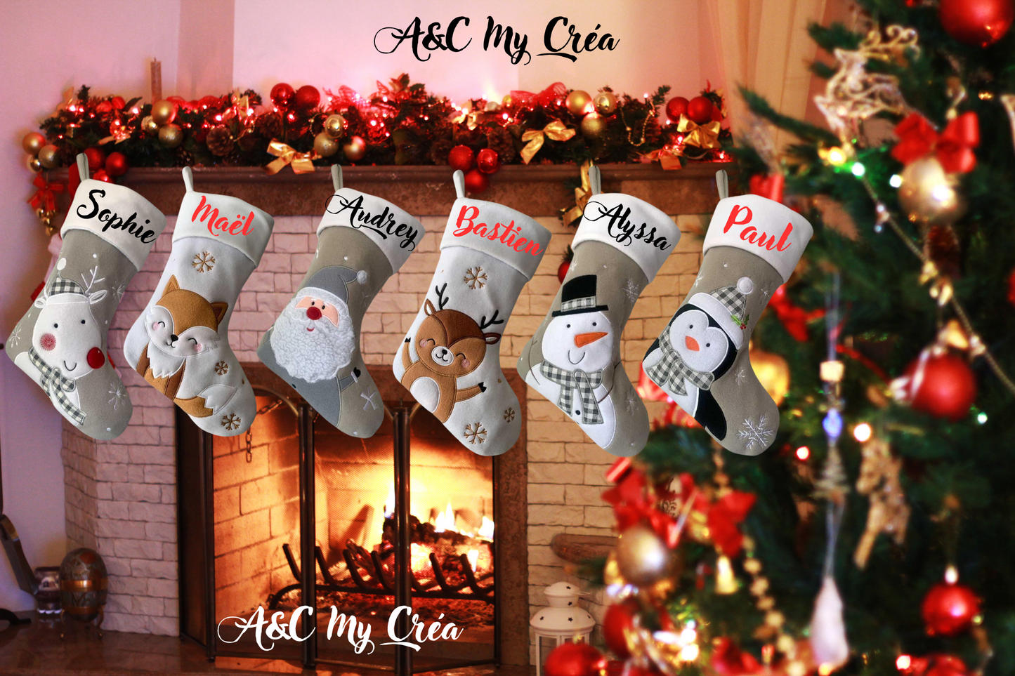 Personalisierter Weihnachtsstrumpf mit Vornamen (Weißes Rentier)