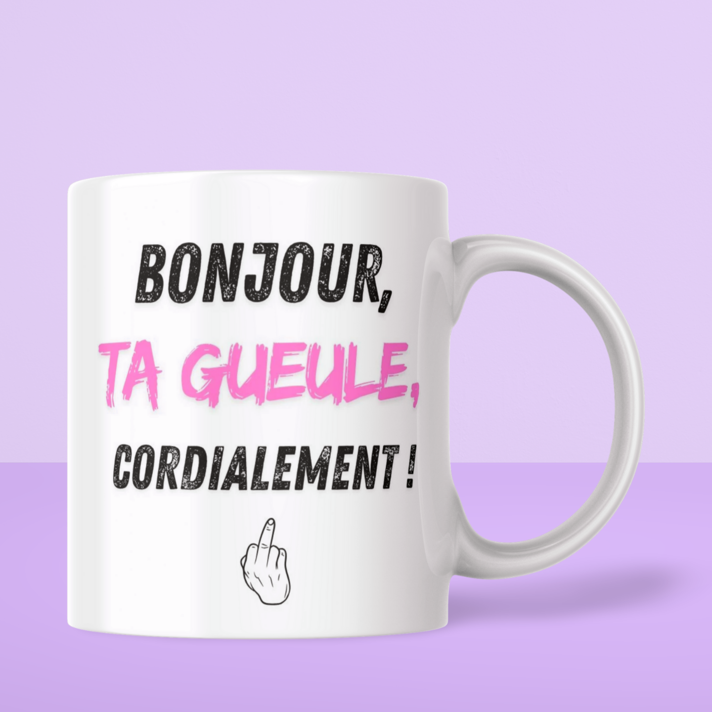 Humorous mug "Hello, Shut up, Sincerely" in pink