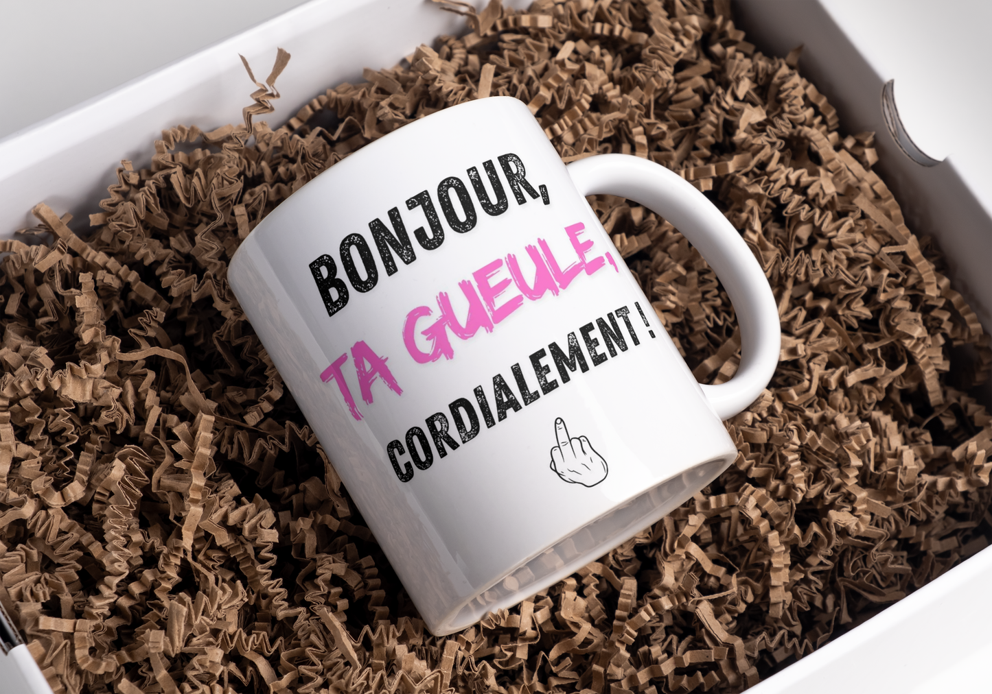 Humorous mug "Hello, Shut up, Sincerely" in pink
