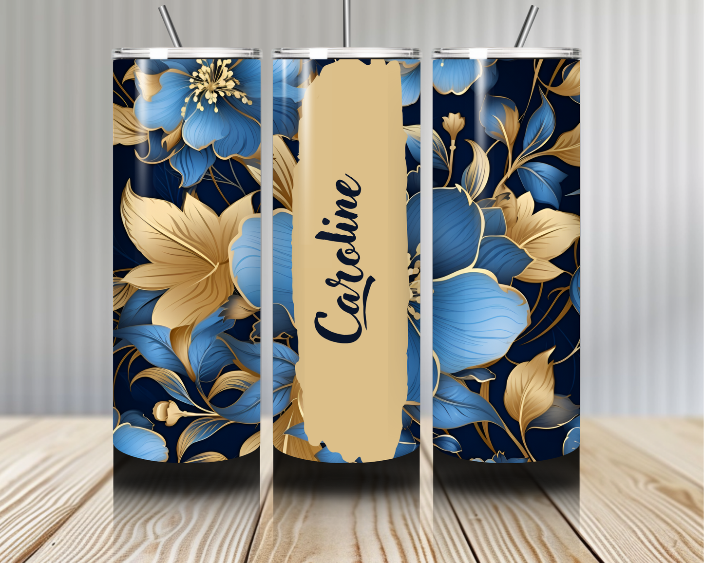 Gourde Tumbler isotherme - Fleurs Bleu Nuit & Doré