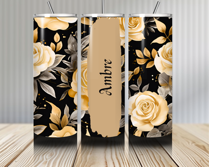 Gourde Tumbler isotherme -  Roses Ivoire & Doré sur Fond Noir