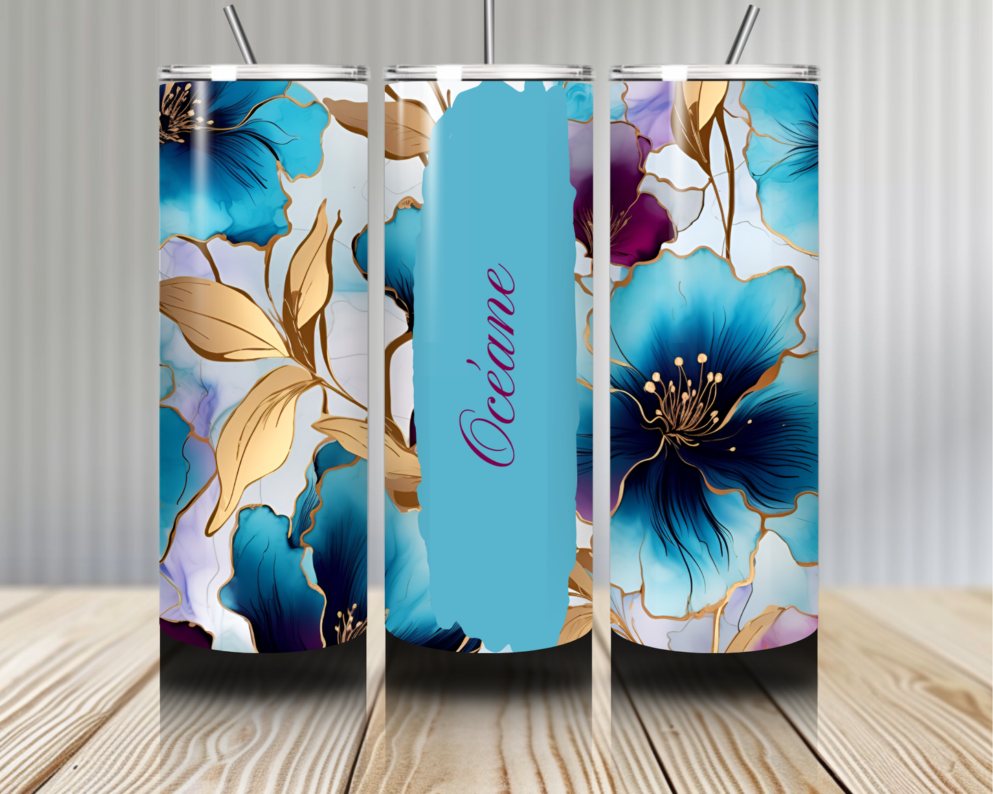 Gourde Tumbler isotherme - Fleurs Bleu Turquoise & Doré