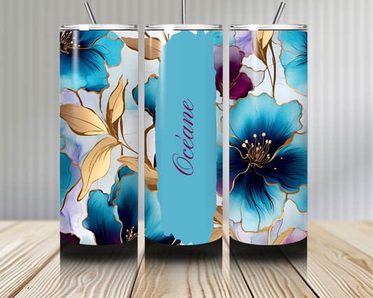 Gourde Tumbler isotherme - Fleurs Bleu Turquoise & Doré