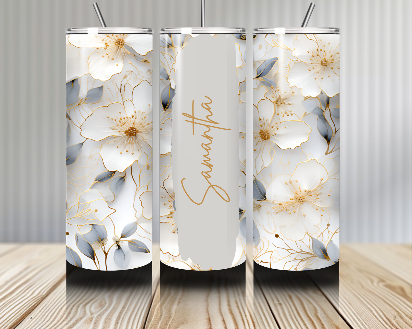 Gourde Tumbler isotherme - Fleurs Blanches & Doré