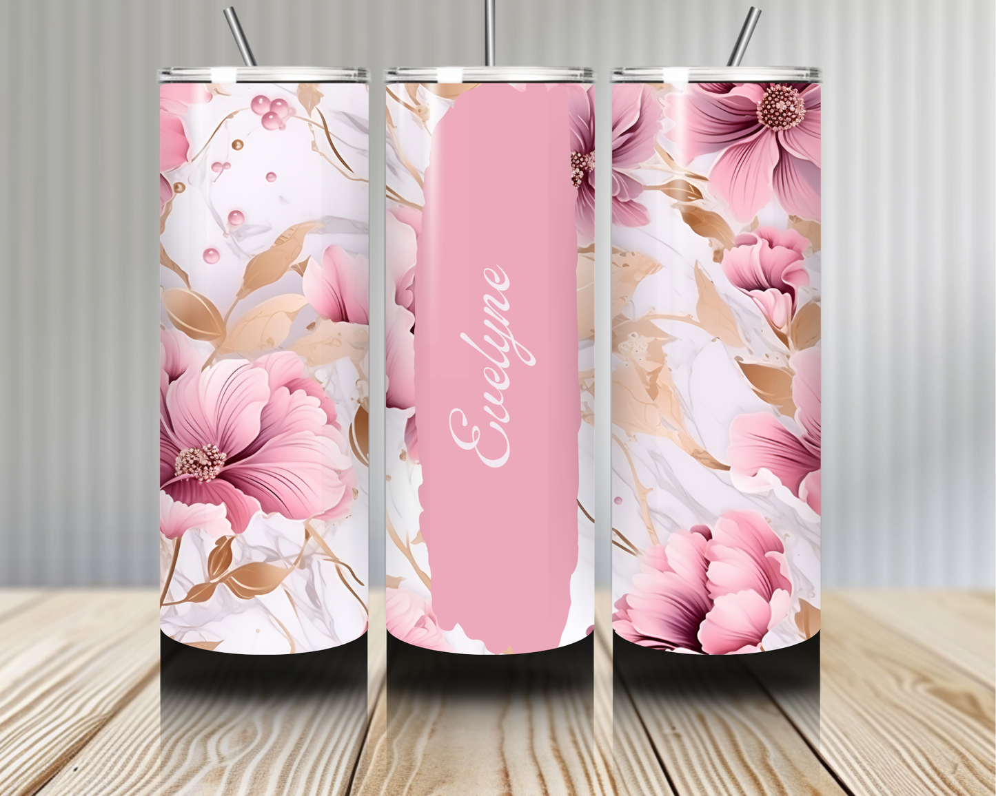 Gourde Tumbler isotherme -  Fleurs Rose Poudré Doré Doux