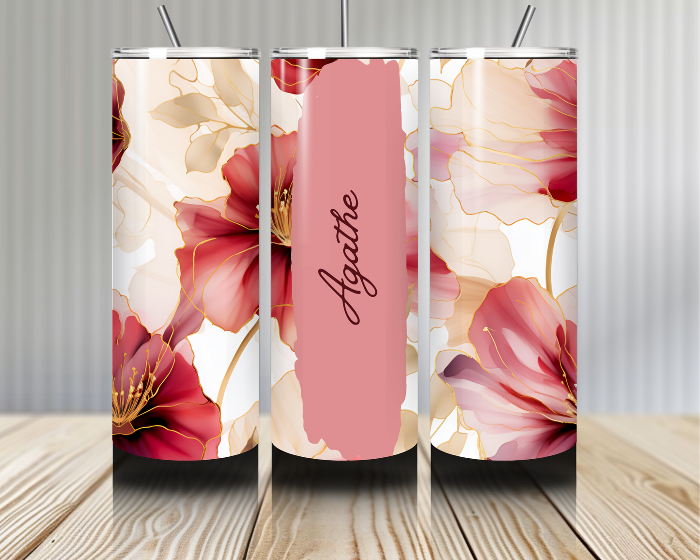 Gourde Tumbler isotherme - Fleurs Rose Poudré & Rouge Framboise aux Accents Dorés