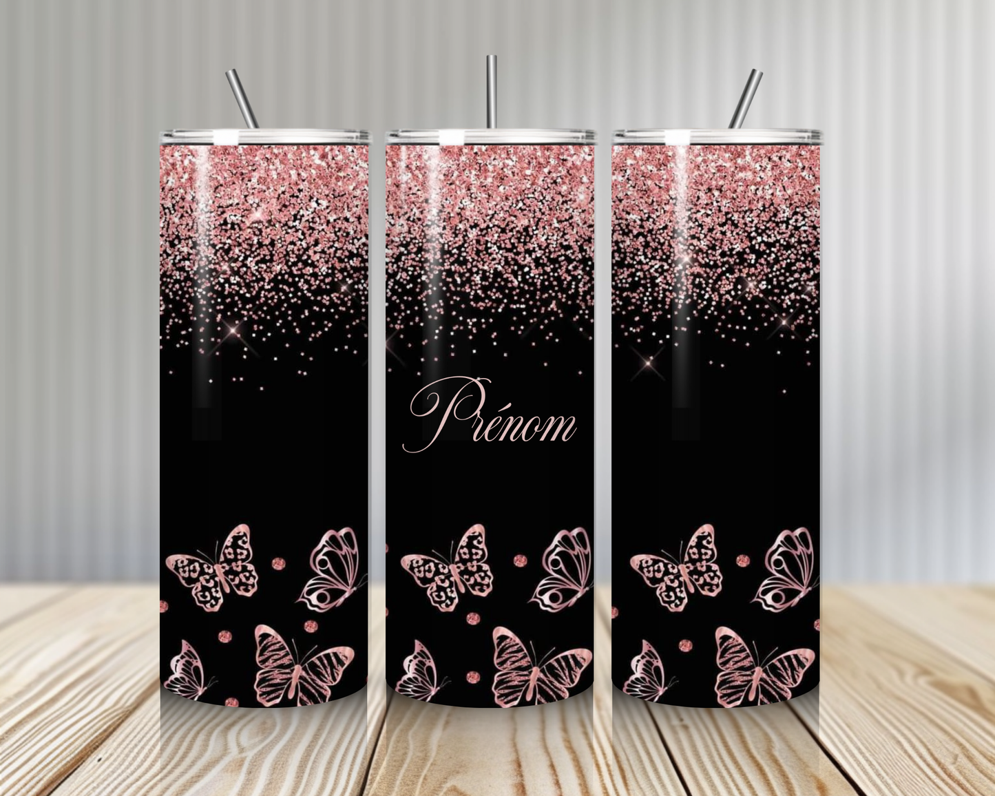 Gourde Tumbler isotherme - Papillons Rose & Noir Pailletés