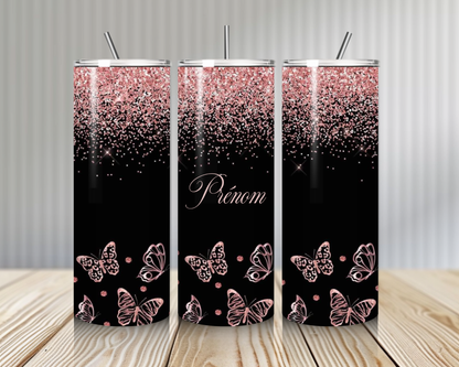 Gourde Tumbler isotherme - Papillons Rose & Noir Pailletés