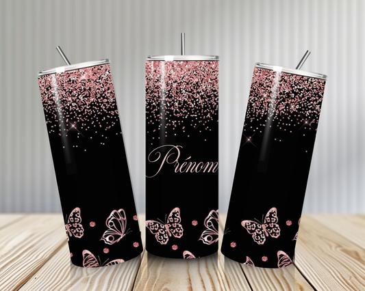 Gourde Tumbler isotherme - Papillons Rose & Noir Pailletés