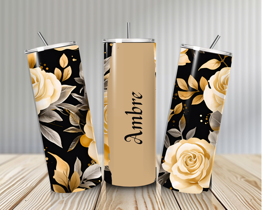 Gourde Tumbler isotherme -  Roses Ivoire & Doré sur Fond Noir