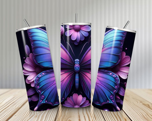 Gourde Tumbler isotherme - Papillon Bleu Violet avec fleurs
