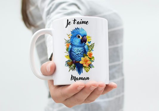 Mug céramique "Je t'aime Maman" - Avec un perroquet bleu, pour une touche d’exotisme et de tendresse