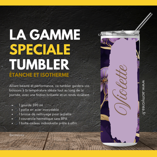 Gourde Tumbler isotherme -   Fleurs Lilas Doré sur Fond Violet Profond