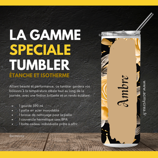 Gourde Tumbler isotherme -  Roses Ivoire & Doré sur Fond Noir