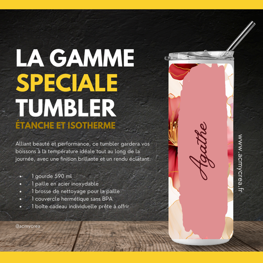 Gourde Tumbler isotherme - Fleurs Rose Poudré & Rouge Framboise aux Accents Dorés