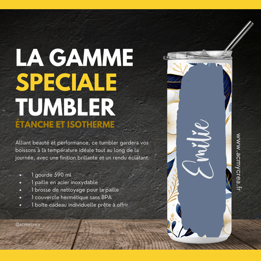 Gourde Tumbler isotherme -  Élégance Florale Bleu Nuit & Doré