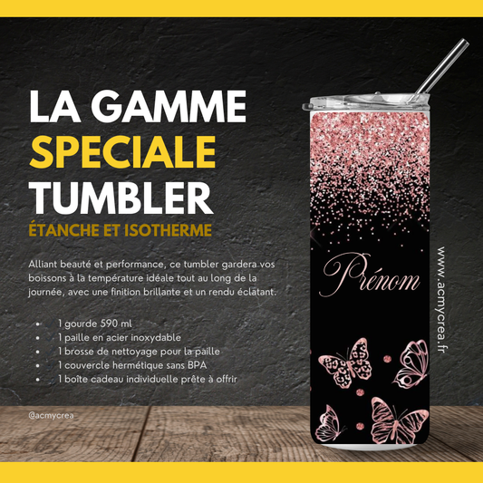 Gourde Tumbler isotherme - Papillons Rose & Noir Pailletés