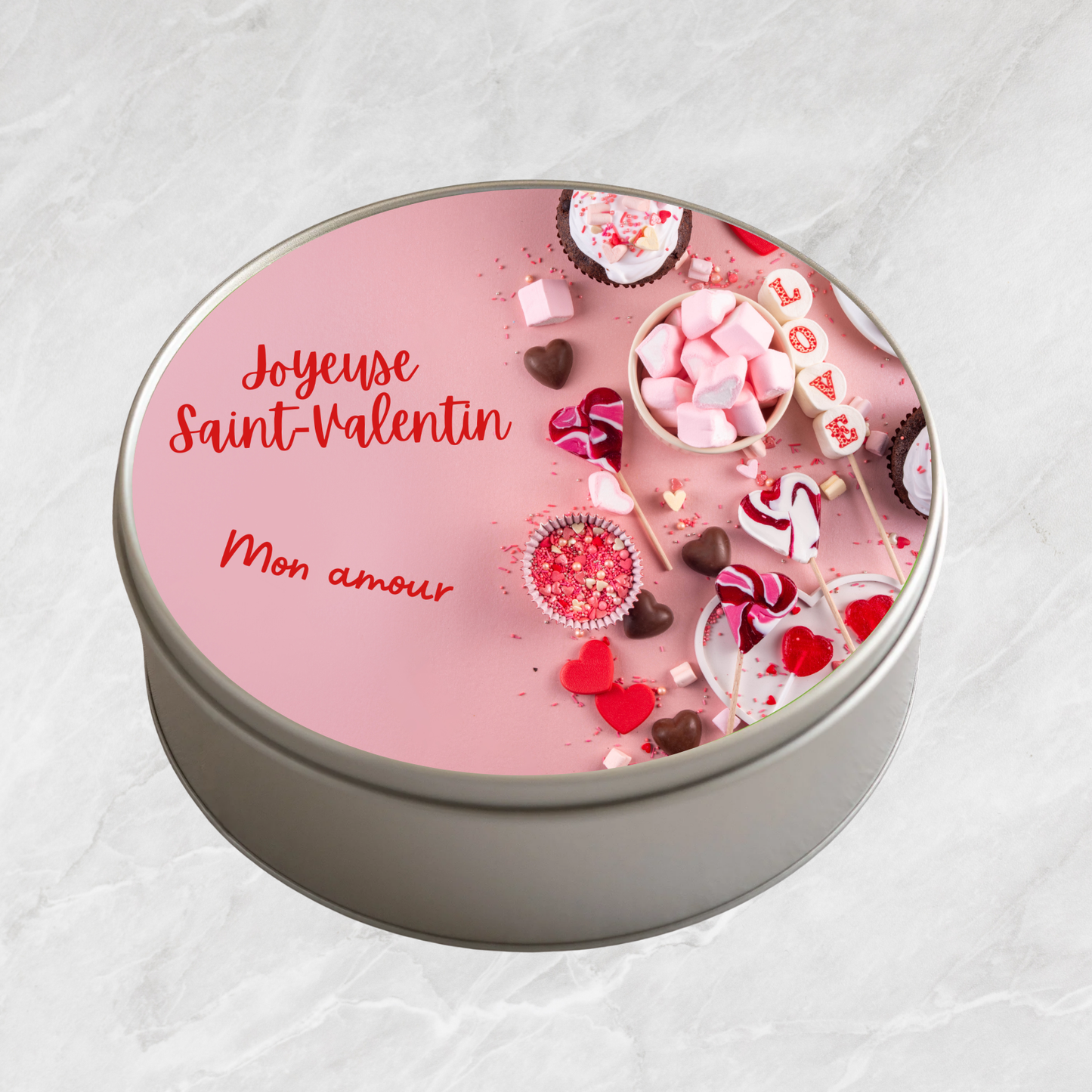 Boîte à biscuits ronde en métal - Joyeuse Saint-Valentin Mon amour avec friandises