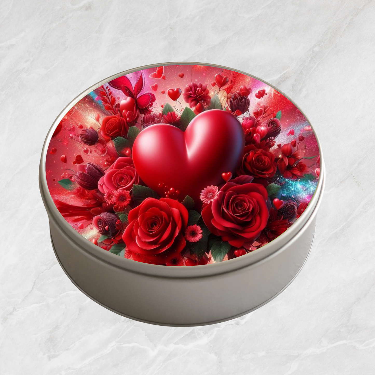 Boîte à biscuits ronde en métal - Cœur et Roses rouges