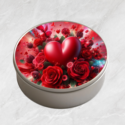 Boîte à biscuits ronde en métal - Cœur et Roses rouges