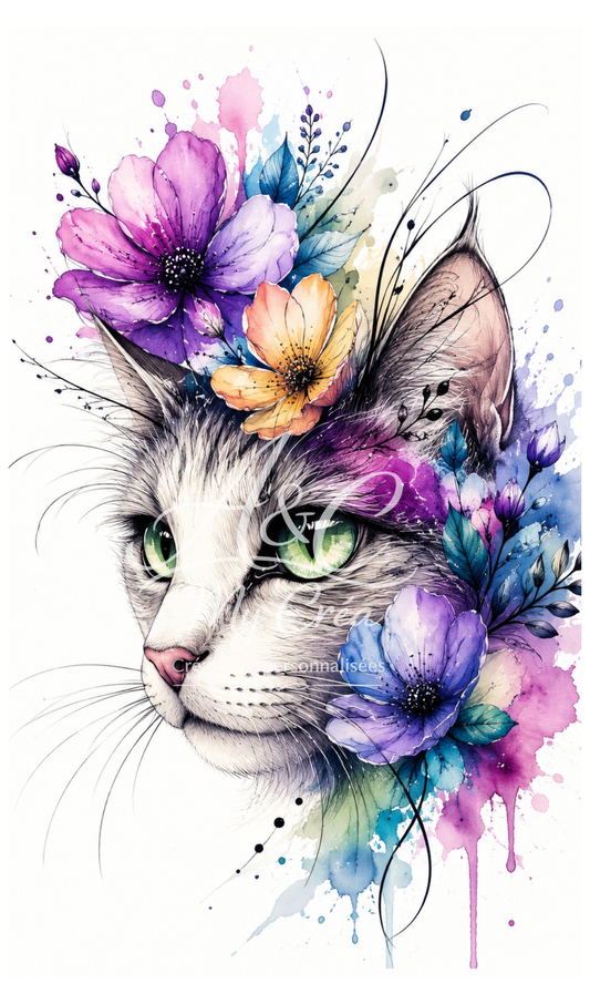 Bouteille - Gourde isotherme 750 ml - bouchon bambou Chat Fleuri – Élégance Féline & Fleurs Aquarelle