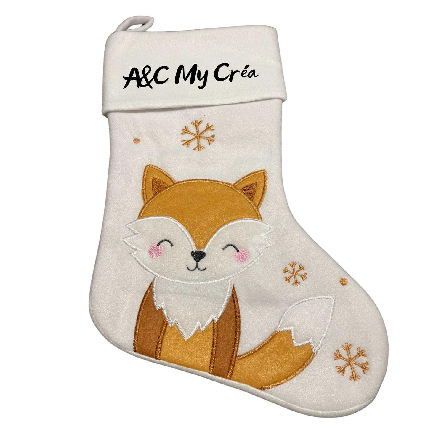 Chaussette de Noël blanche avec Renard Marron – Personnalisable avec prénom